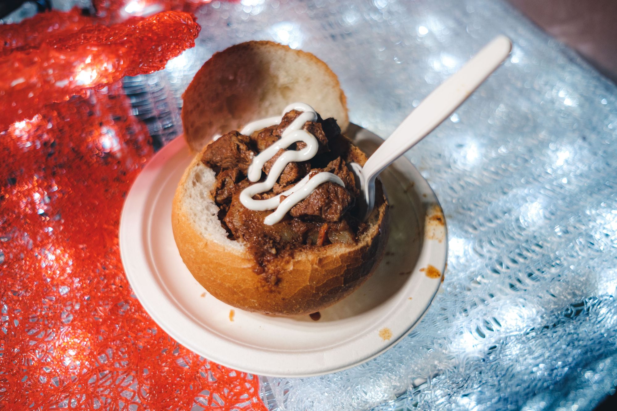 Beef Gulasch in a Bread Bowl