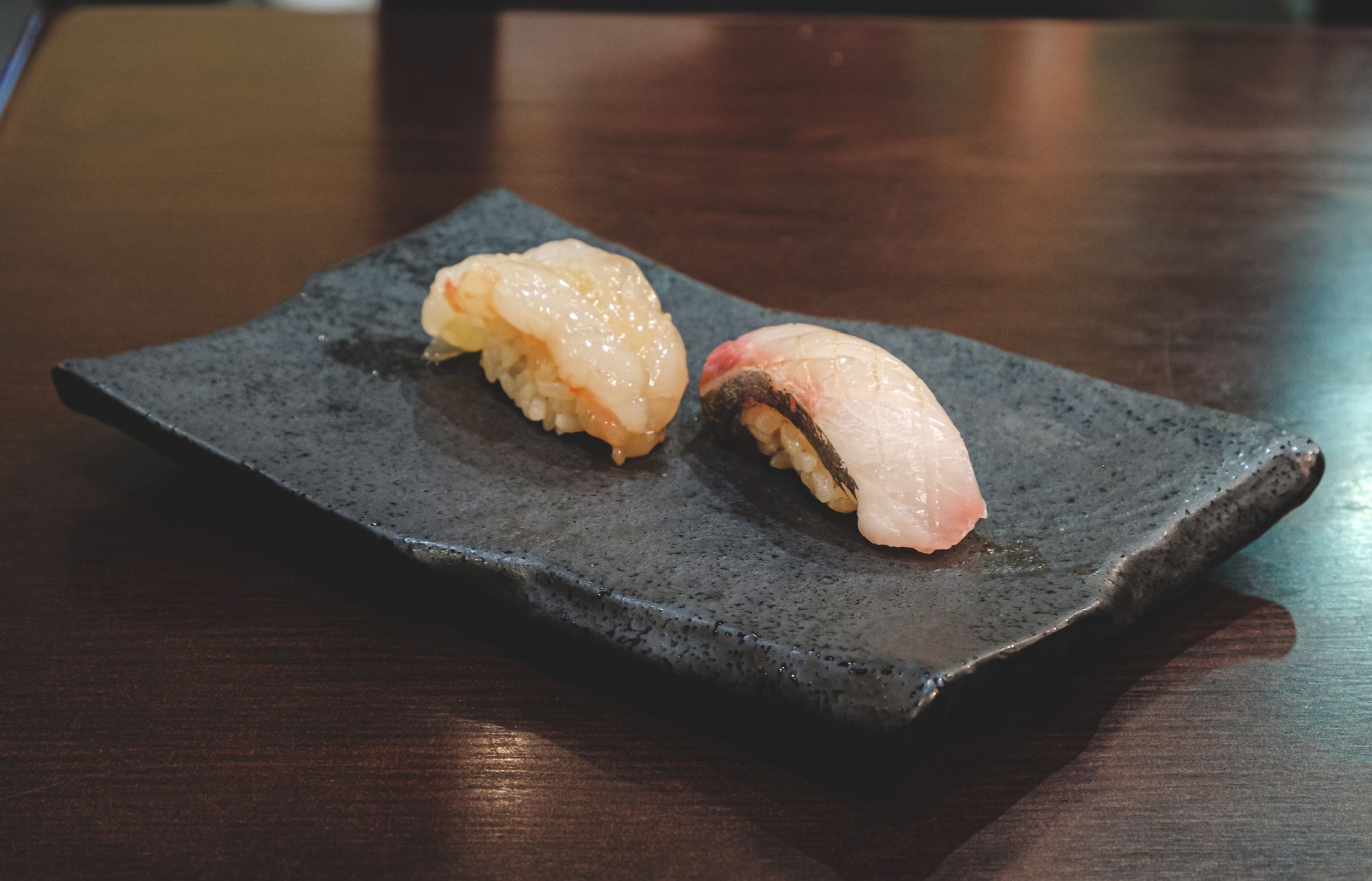 Spot Prawn (left) and Shimaji (right) Nigiri